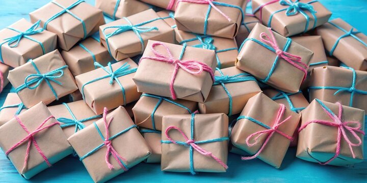 A pile of small, wrapped gifts tied with pastel twine