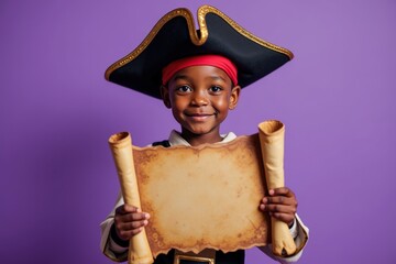 A Young Boy Dressed as a Pirate Holding a Treasure Map Against a Purple Background, Capturing the Spirit of Adventure and Imagination