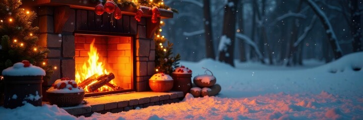 Crackling fire surround warm glow softly falls snow outside, christmas decorations, snowy, fireplace
