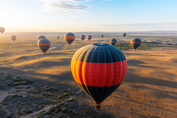 Obraz premium Landscape view of meadow land with hot air balloon, Hot air balloon tour, Aerial view of colorful balloon on the desert.