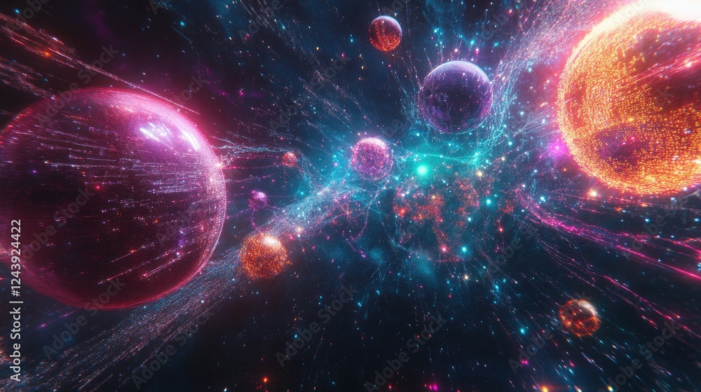 Poster futuristic network visualization with interconnected digital nodes and orbs