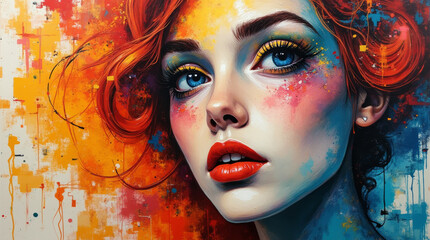 Bright colorful portrait of a young woman in pop art style, illustration