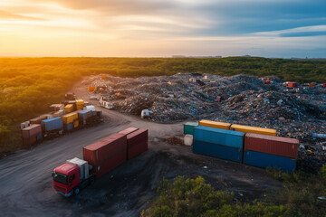 Selective focus garbage collector with garbage dump truck in civilization town, Trash dump truck on the road, Landfill with plenty of waste.