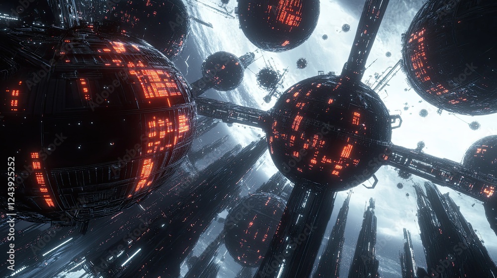 Poster futuristic network visualization with interconnected digital nodes and orbs
