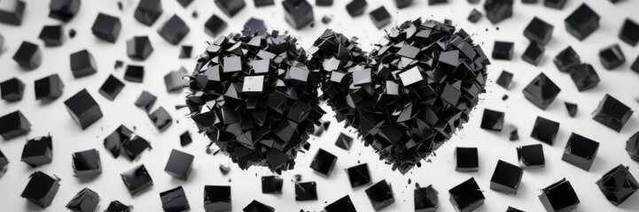 Heart made of shattered black squares on white background, geometric fragment, shattered love