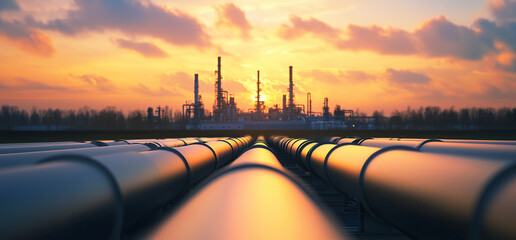 Hydrogen power plant, large steel tanks and pipes, wide angle photo. Clean H2 energy concept as imagined by Generative AI