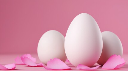 Beautiful white eggs nestled among soft pink petals, creating a serene and elegant composition for spring-themed designs.