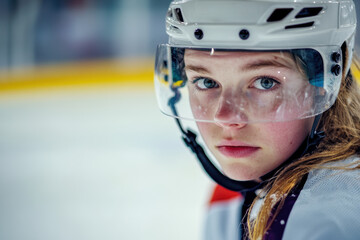 A girl in an ice hockey uniform is seen in close-up, her intense focus standing out against the softly blurred ice rink behind her.