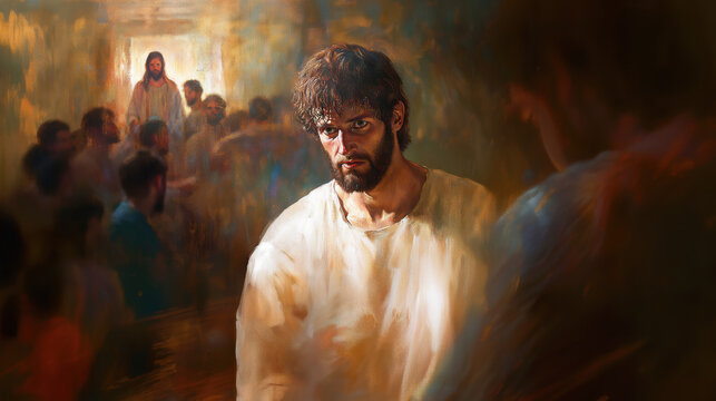 Oil painting of Doubting Thomas with hesitant and questioning gaze background of room with Jesus appearing among disciples