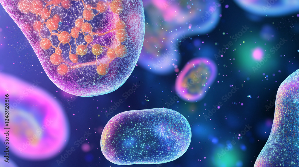 Poster cellular structure close up with vibrant colors in laboratory setting