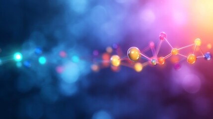 Abstract molecular structure glowing in vibrant colors against a blurred background, ideal for science, technology, or medical presentations
