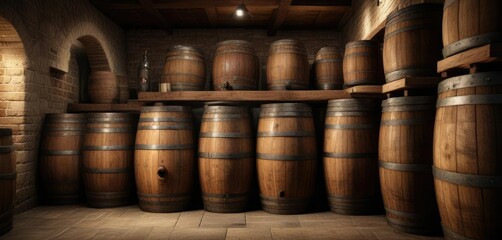 Horizontal shot of aged liquor bottles and wooden barrels in rustic wine cellar, rustic, wine, bottles, aged, liquor
