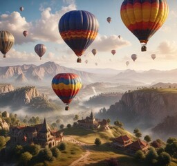 Hot air balloon with colorful balloons and gondola in flight over a beautiful landscape, adventure awaits, hot air balloon, explore