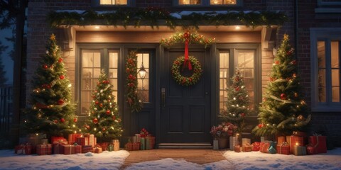 House with a tall Christmas tree and festive wreath on the front door, holiday lights, holiday decorations, snowflakes