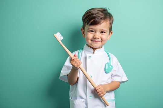 A Smiling Young Boy in a Doctor's Outfit Holding a Toothbrush Against a Vibrant Background, Promoting Dental Hygiene and Pediatric Care