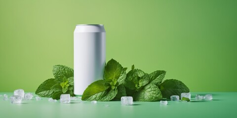 minimalistic mockup can surrounded by fresh mint leaves and scattered ice cubes on vibrant green background. Perfect for concepts like refreshing drinks, natural ingredients, or eco-friendly packaging