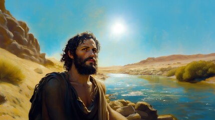 Oil painting of John the Baptist with passionate look stands near Jordan River under bright desert sun