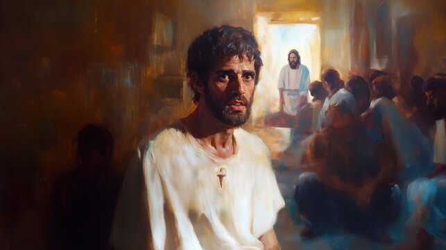 Oil painting of Doubting Thomas with hesitant and questioning gaze background of room with Jesus appearing among disciples