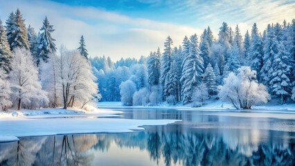 Fototapeta premium Icy forest landscape with snow-covered trees and frozen lake, snowflakes, frozen nature, serene scene, snowy forest, winter wonderland