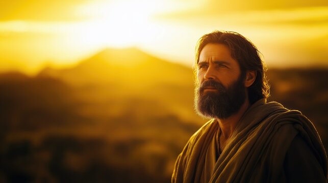 Portrait of Abraham from holy bible background of Mount Moriah under golden sunrise