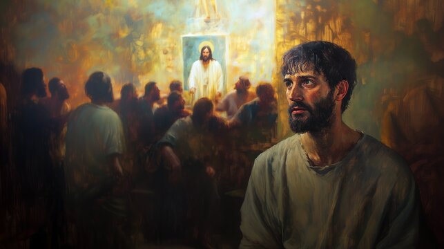 Oil painting of Doubting Thomas with hesitant and questioning gaze background of room with Jesus appearing among disciples