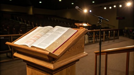 Illuminated Bible on a wooden pulpit with warm lighting, holy, pulpit, divine