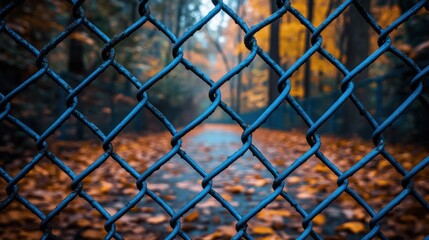 Naklejka premium Autumn path viewed through chain-link fence