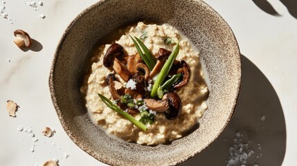 Oatmeal cooked in chicken broth, generously topped with saut&eacute;ed mushrooms and green onions. A gourmet twist on classic oatmeal, packed with umami flavors, protein, and wholesome nutrition.