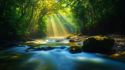 Obraz premium Peaceful River Winding Through Dense Forest with Sunlit Waters