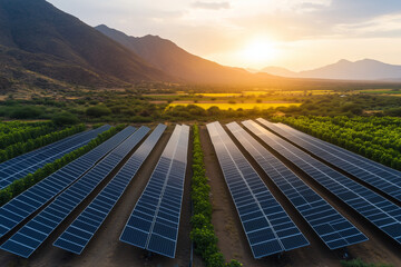 Landscape view of solar farming in meadow land with sun set view, Selective focus solar panel on plain land, Renewable energy concept.