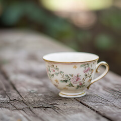 A single antique teacup resting on a weathered wooden surface, blurred natural background with copy space