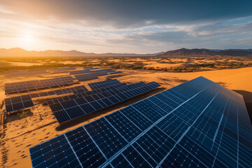 Landscape view of solar farming in desert with sun set view, Selective focus solar panel on plain land, Renewable energy concept.