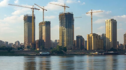 Obraz premium High-rise buildings under construction along the Nile River, cranes towering over the city skyline