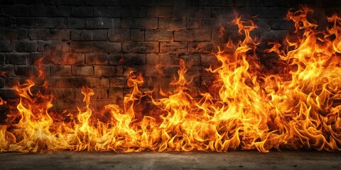 Obraz premium Intense flames dancing on a darkened wall, inferno, sparks