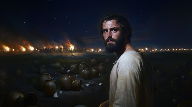 Portrait of Gideon Jerubbaal or Jerubbesheth with uncertainty but growing confidence stands at battlefield at night broken clay jars surrounded