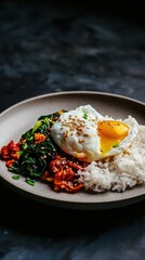 Plate with kimchi and poached egg with basmati rice, sautéed spinach, and sesame seeds. A flavorful fusion dish packed with probiotics, protein, and wholesome nutrients for a balanced meal.