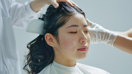 Fototapeta premium Relaxing Hair Treatment Session in Modern Salon with Professional Care and Attention to Detail