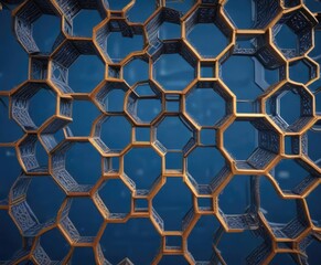 Obraz premium Intricate hexagonal lattice design on blue backdrop, grid, hexagon, lattice