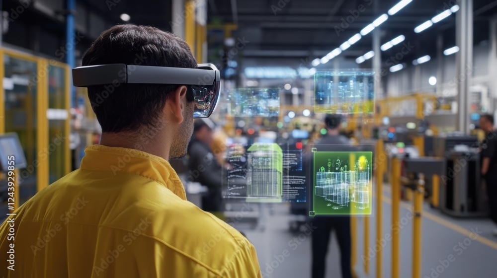 Poster industrial engineer wearing augmented reality goggles monitors the production line in a factory, vis