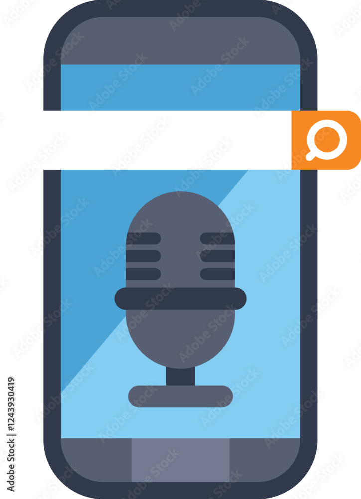 Poster smartphone displaying voice search feature with microphone and search bar icon, concept for mobile p