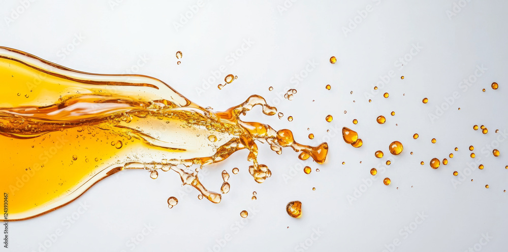 Aufkleber Golden honey splashes across a light surface, creating droplets and a flowing texture. The liquid displays a rich hue that conveys sweetness and fluid movement, capturing a dynamic moment.