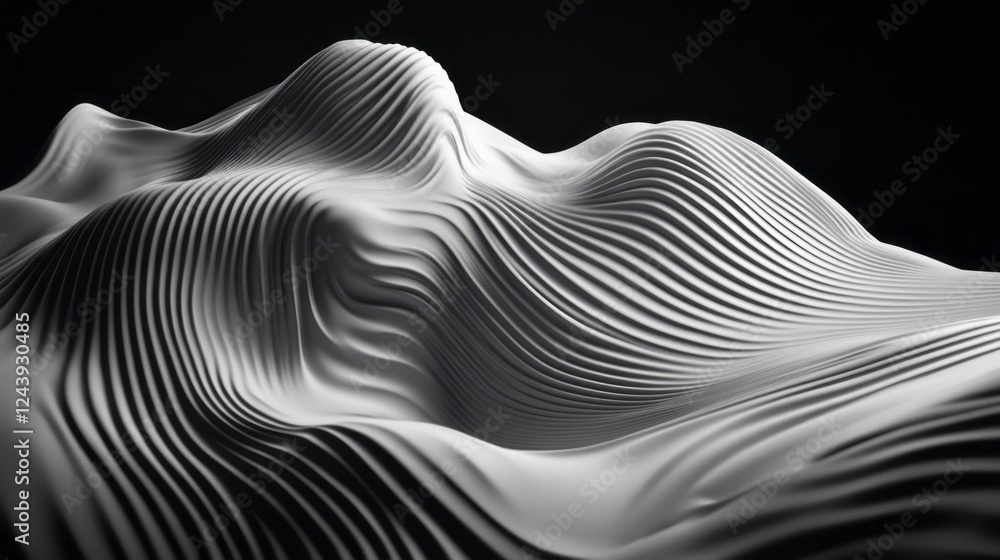 Poster a black and white 3d rendering of an abstract, undulating shape with flowing lines on the surface. t