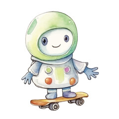 watercolors Cute alien astronaut playing skateboard illustration