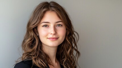 A young woman with flowing, wavy hair showcases her warm smile, exuding confidence and kindness. The muted backdrop enhances her natural beauty, inviting connection and engagement