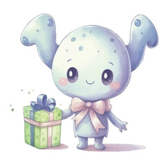 watercolors Cute alien holding gift box illustration