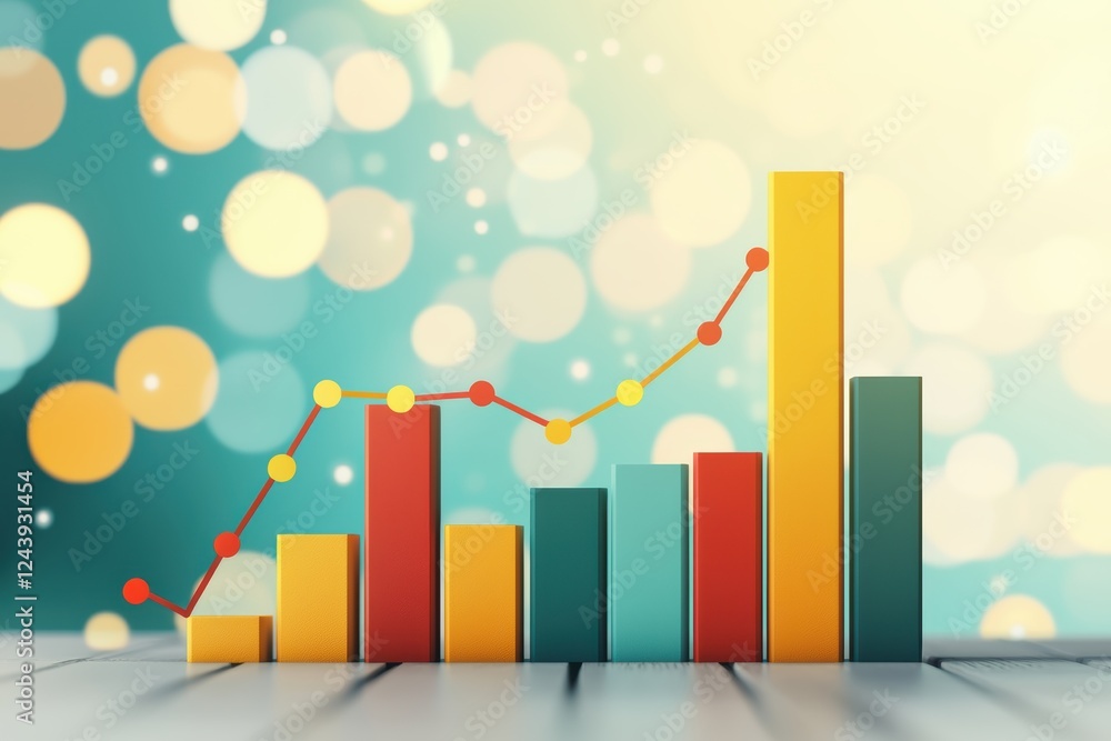Poster colorful stacked bar graph with rising data points on a blurred bokeh background
