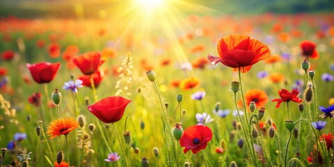 Fototapeta premium Sunlit Meadow of Vibrant Wildflowers and Poppies Blooming at Dawn