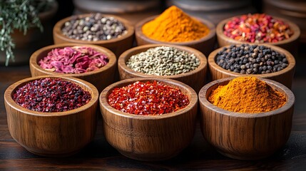 Fototapeta premium Aromatic Spices in Wooden Bowls Colorful and fragrant