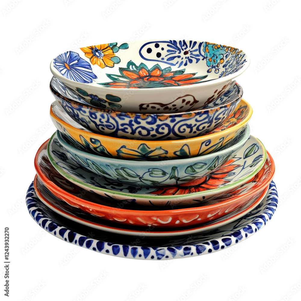 Poster colorful stack of decorative plates with unique patterns and designs