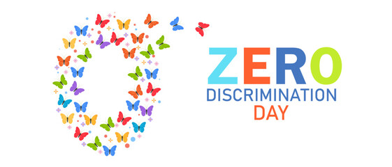 Zero Discrimination Day celebration with colorful butterflies forming a ribbon, symbolizing equality, diversity, and inclusion.